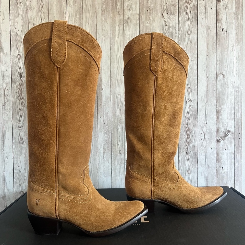 Frye Sacha At The Knee Suede Heeled Boots New Western Pointed Toe 6